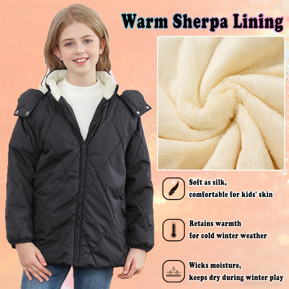Lanbubble Girls Fleece Lined Hooded Puffer Jacket Winter Coat, Warm Outerwear with Pockets, Sizes 5-12 Years