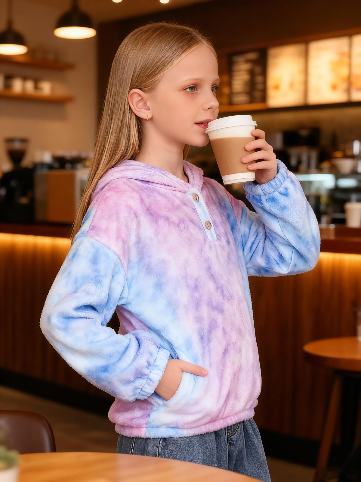 Lanbubble Girls Fuzzy Hoodie Fleece Sweaters Button Pullover Sherpa Jacket Tops for Kids 6-13Y