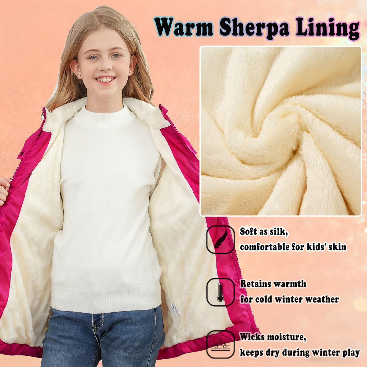 Lanbubble Girls Fleece Lined Hooded Puffer Jacket Winter Coat, Warm Outerwear with Pockets, Sizes 5-12 Years