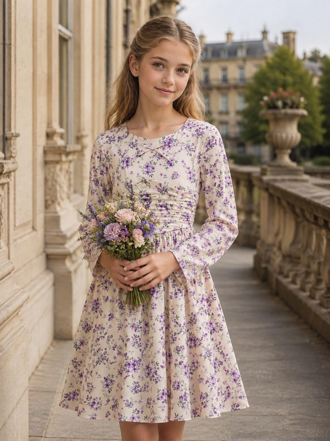 Lanbubble Girls Long Sleeve Dress Square Neck Bell Sleeve A-Line 7-14Y