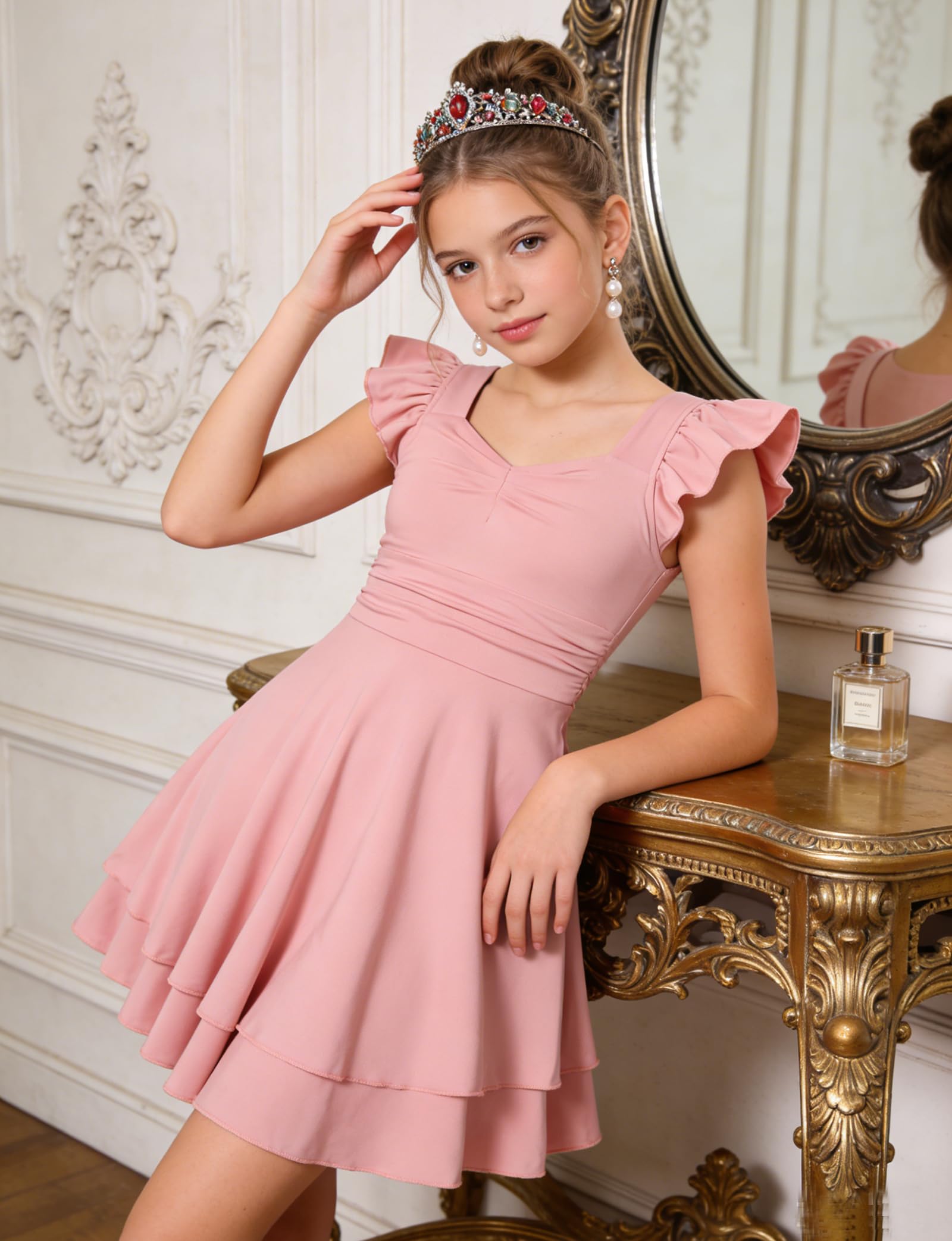 Lanbubble Girls Ruched Dresses Ruffle Sleeve Teens Tiered Swing A-line Teen Dress 8-16 Years