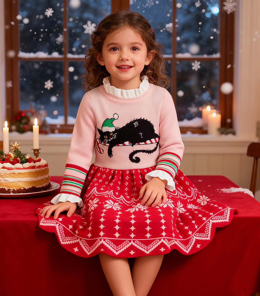 Lanbubble Girls Ugly Christmas Sweater Dress Long Sleeve Knit Ruffle-Trim A-Line Holiday Outfit for Kids 2-9 Years