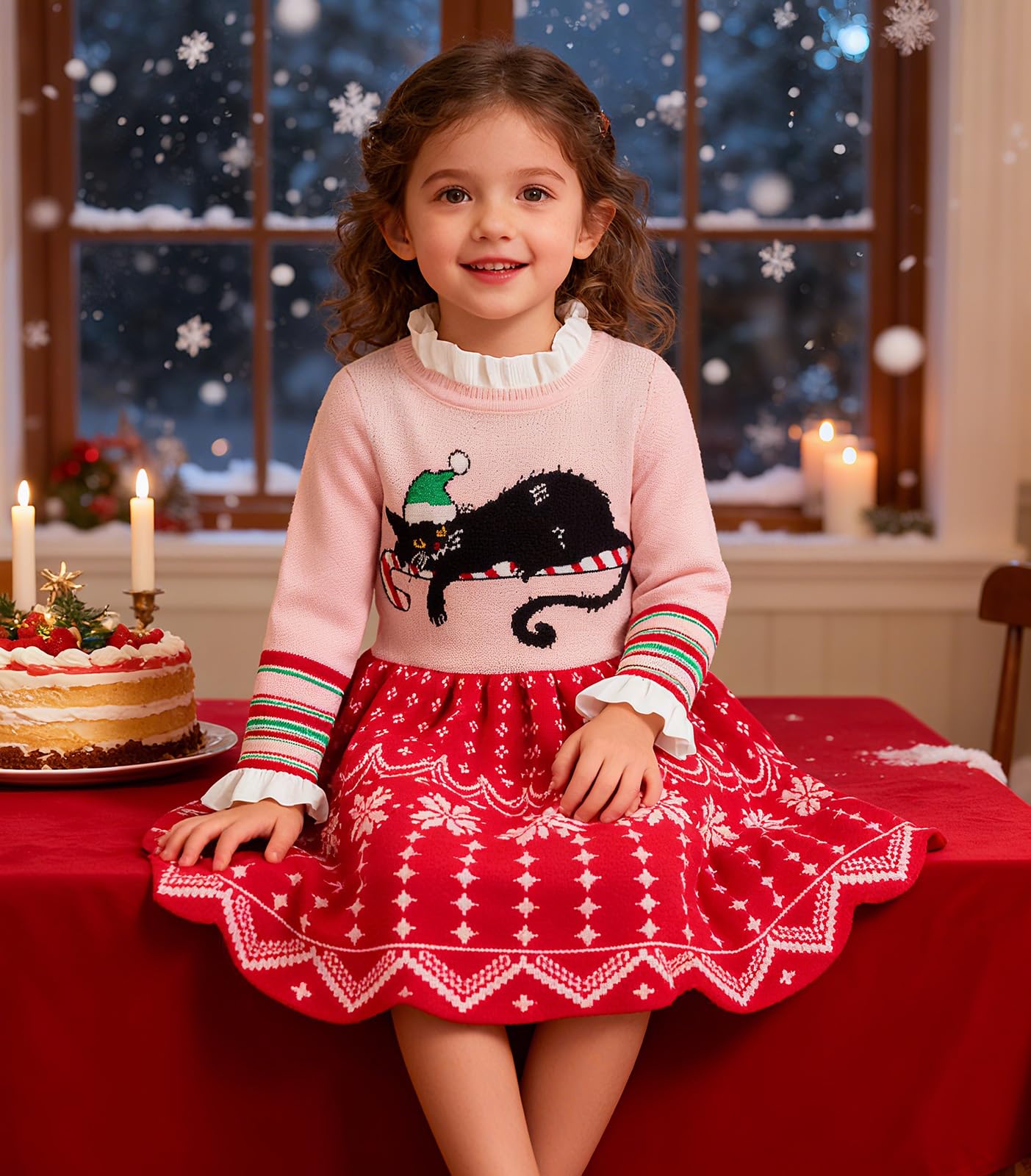 Lanbubble Girls Ugly Christmas Sweater Dress Long Sleeve Knit Ruffle-Trim A-Line Holiday Outfit for Kids 2-9 Years