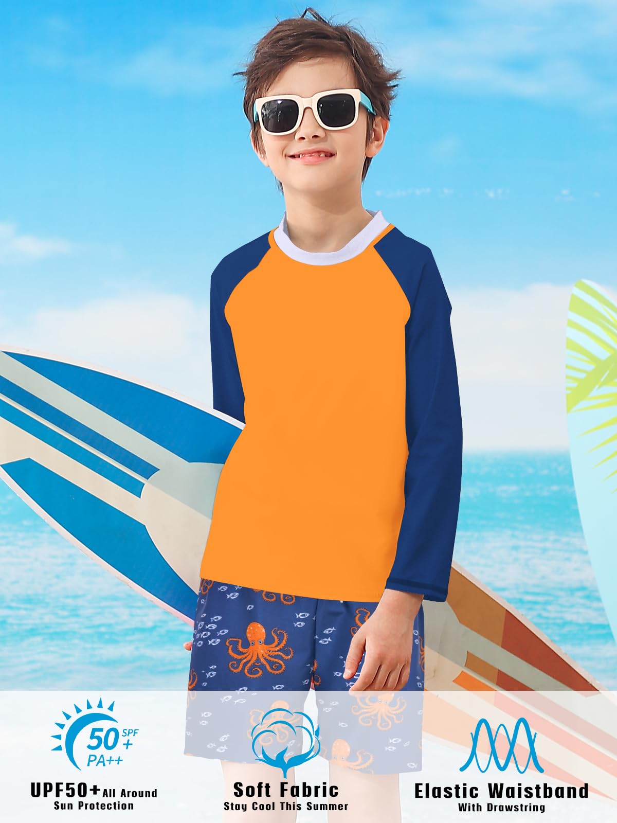 Lanbubble Boys Long Sleeve Rash Guard Swimsuit Kids 2-Pieces Bathing Suits Set