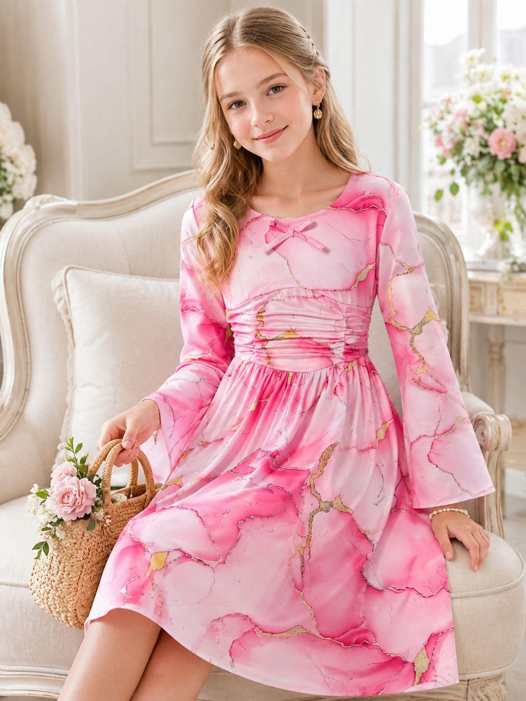 Lanbubble Girls Long Sleeve Dress Square Neck Bell Sleeve A-Line 7-14Y