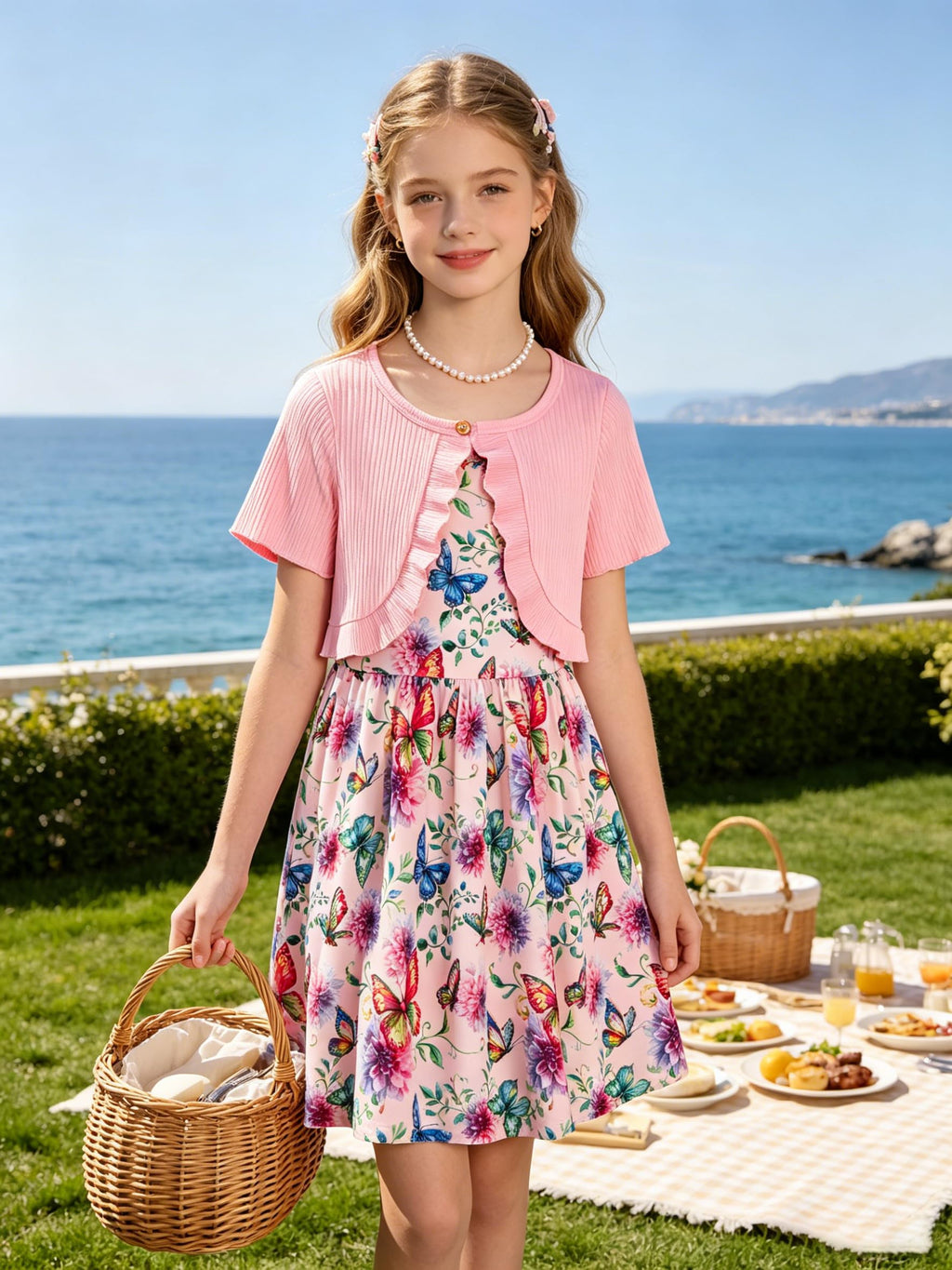Lanbubble Girls Dresses Sleeveless Summer Dress with Cardigan for Kids Casual, 5-12 Years