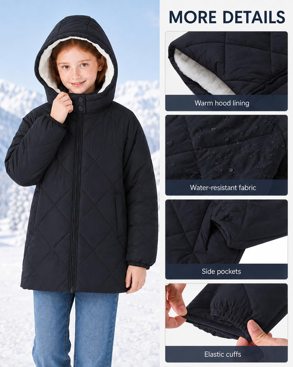 Lanbubble Girls Fleece Lined Hooded Puffer Jacket Winter Coat, Warm Outerwear with Pockets, Sizes 5-12 Years