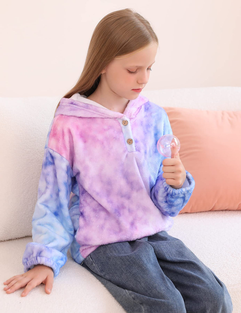 Lanbubble Girls Fuzzy Hoodie Fleece Sweaters Button Pullover Sherpa Jacket Tops for Kids 6-13Y