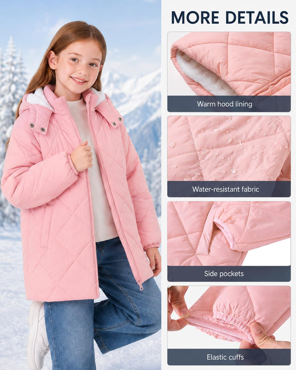 Lanbubble Girls Fleece Lined Hooded Puffer Jacket Winter Coat, Warm Outerwear with Pockets, Sizes 5-12 Years