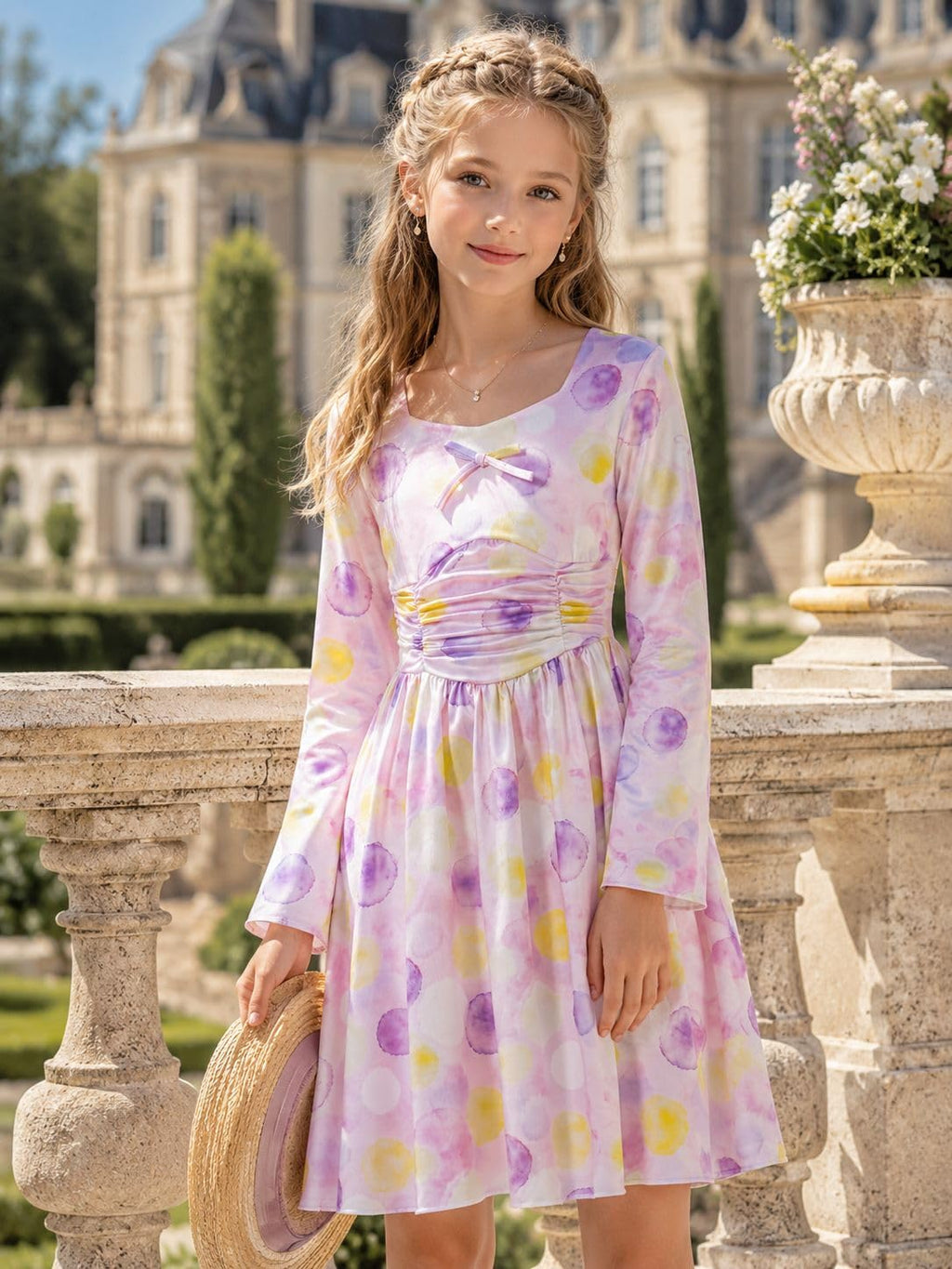 Lanbubble Girls Long Sleeve Dress Square Neck Bell Sleeve A-Line 7-14Y