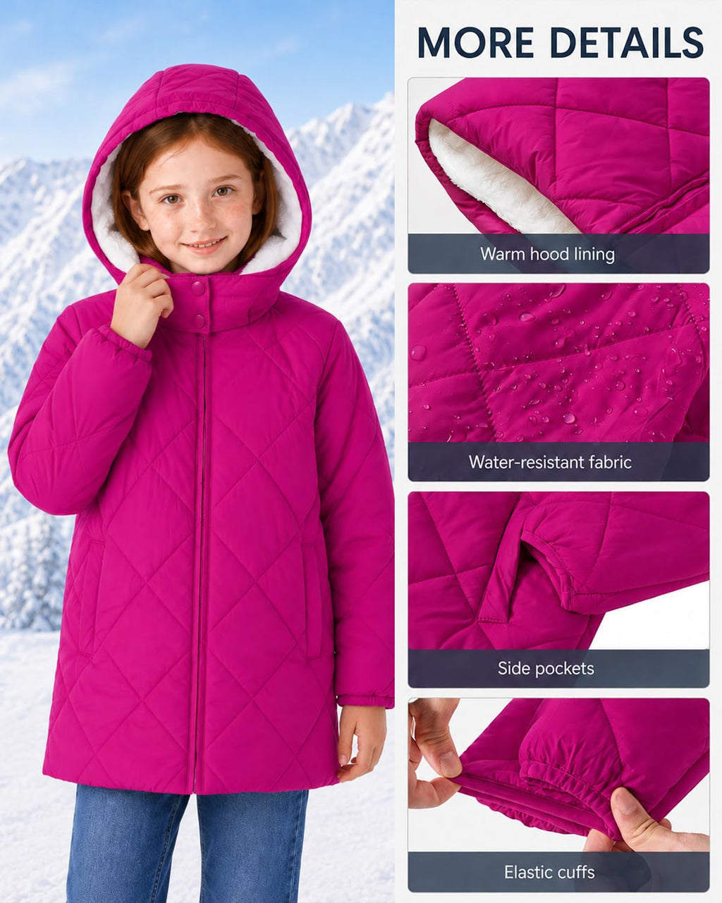 Lanbubble Girls Fleece Lined Hooded Puffer Jacket Winter Coat, Warm Outerwear with Pockets, Sizes 5-12 Years