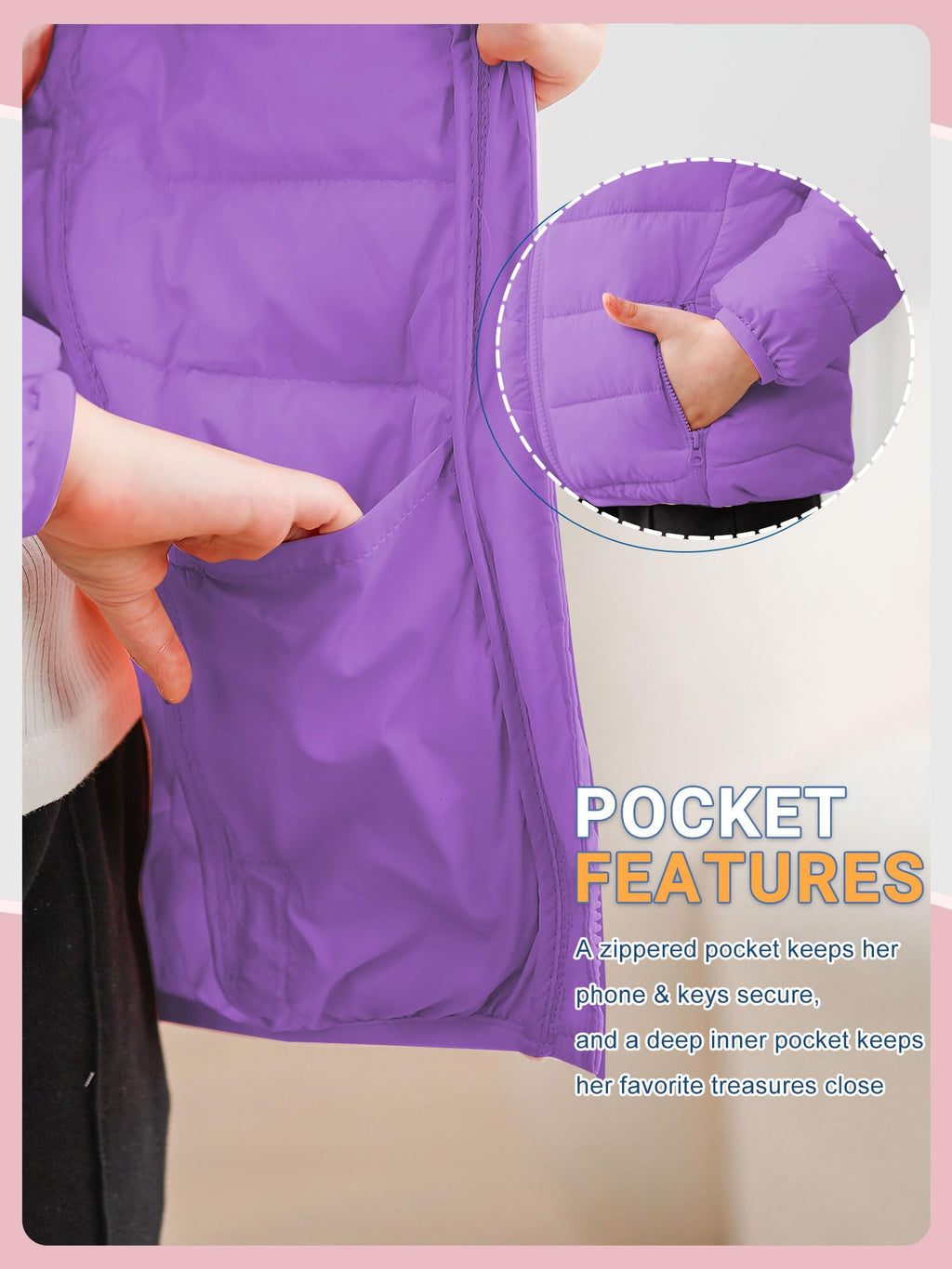 Lanbubble Girls Puffer Jacket Hooded Packable Winter Coat with Pockets Lightweight Warm Outerwear for Kids, Sizes 4-12 Years