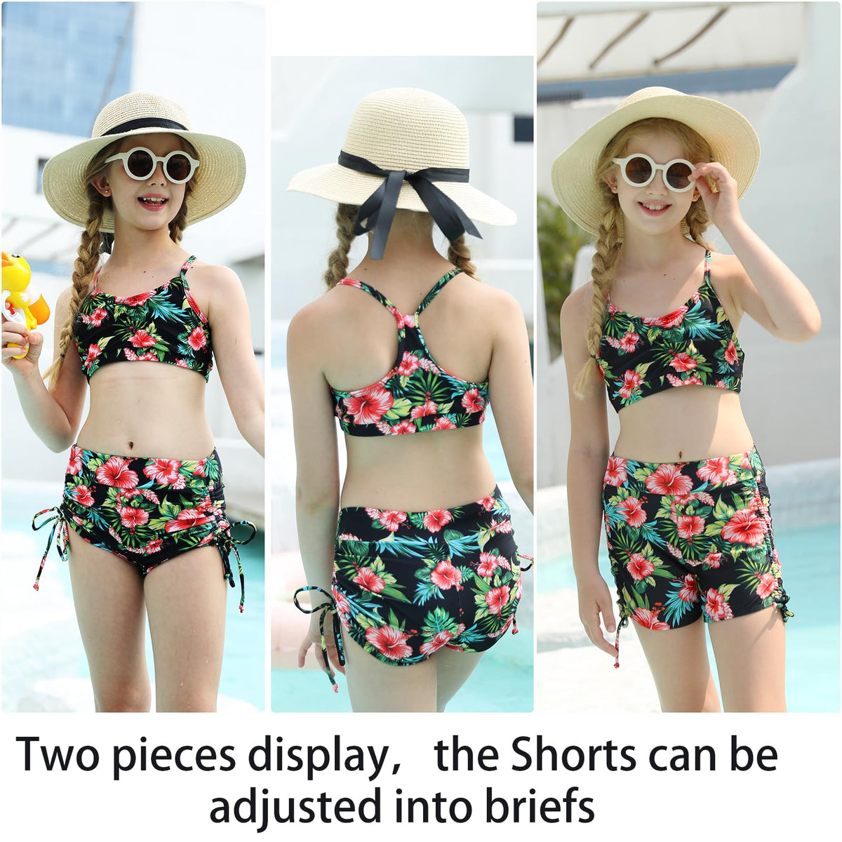 Lanbubble Girls Swimsuit 3-Piece Zip Long Sleeve Rash Guard Bathing Suits Bikini Boyshort Set Summer Swimwear 7-14Y