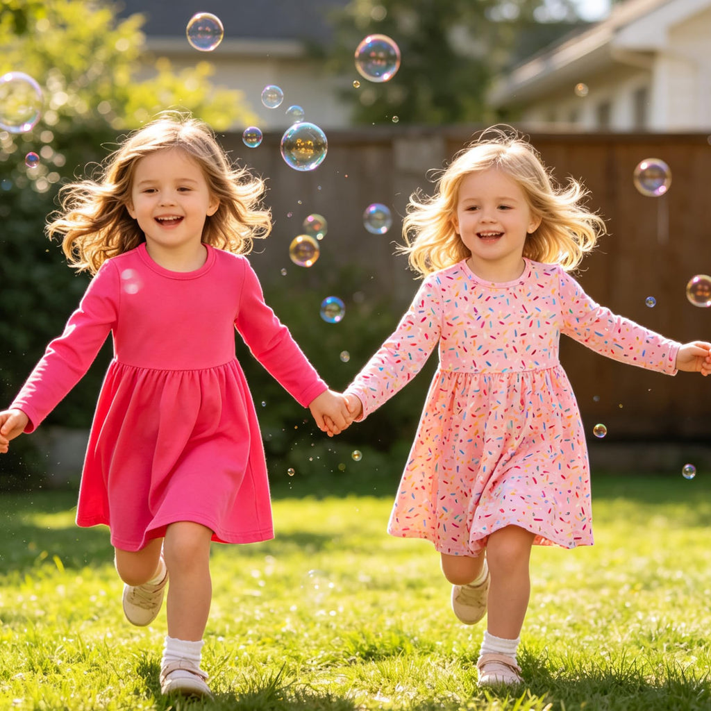 Lanbubble Toddler Girls Long Sleeve Dresses 2 Pack A-Line Casual Play Dresses 2-7Y
