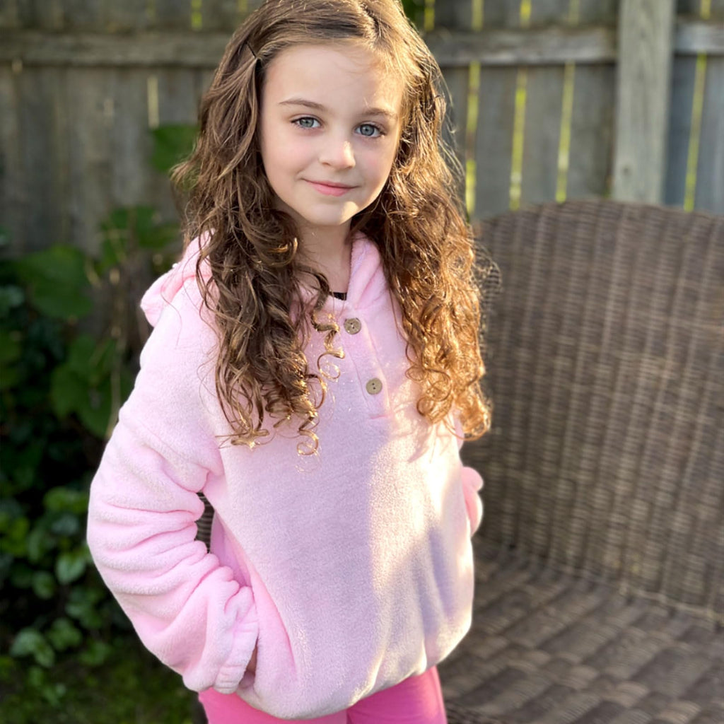 Lanbubble Girls Fuzzy Hoodie Fleece Sweaters Button Pullover Sherpa Jacket Tops for Kids 6-13Y