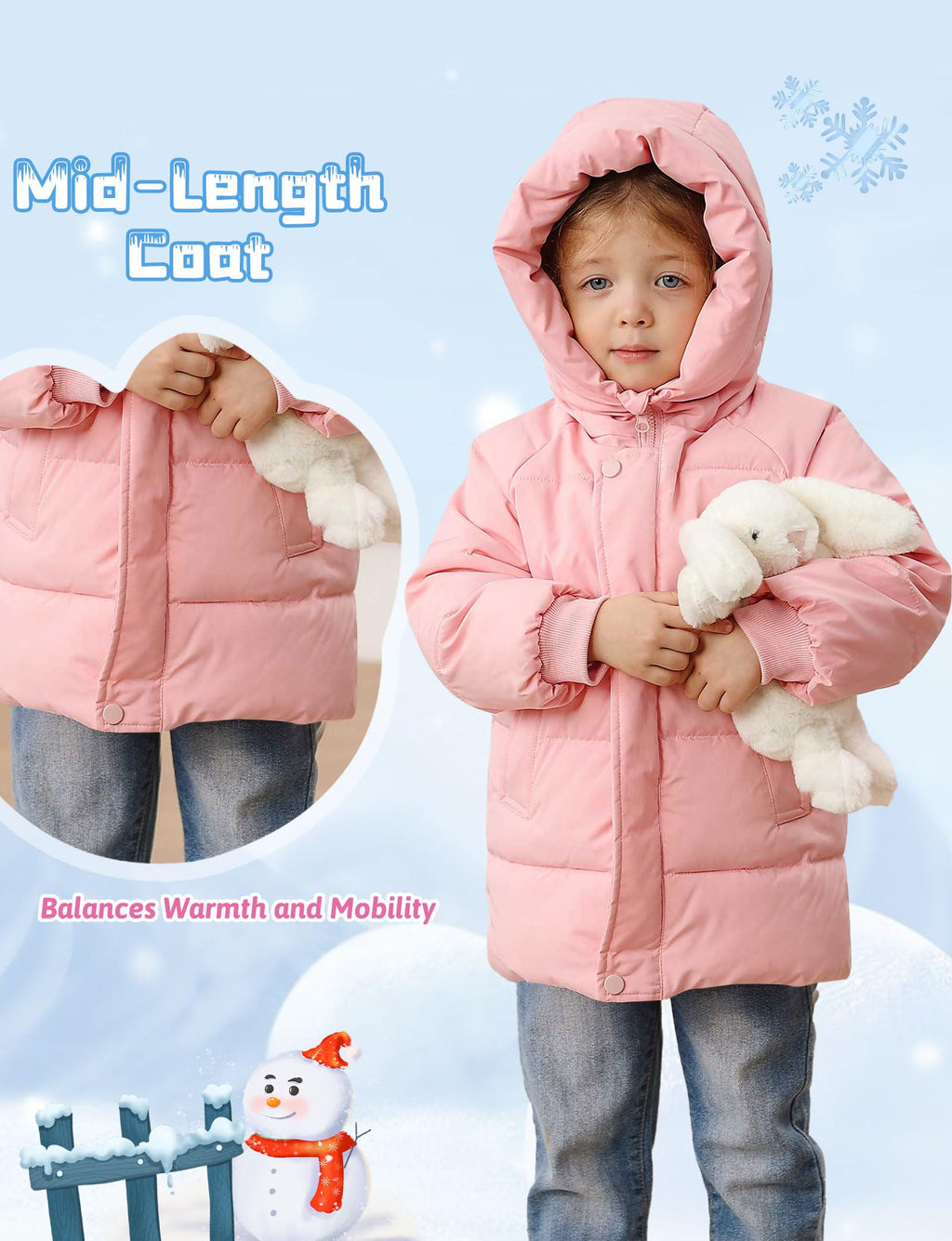 Lanbubble Little Girls Winter Coats Kids Hooded Fleece Lined Jacket Toddler Mid-Length Zip Puffer Jackets 2-6Y