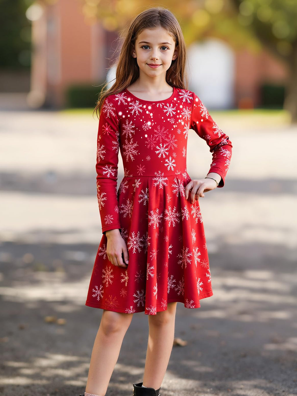 Lanbubble Girls Christmas Dresses Long Sleeve A-Line Casual Dress Twirly Skater Dresses 5-13 Years