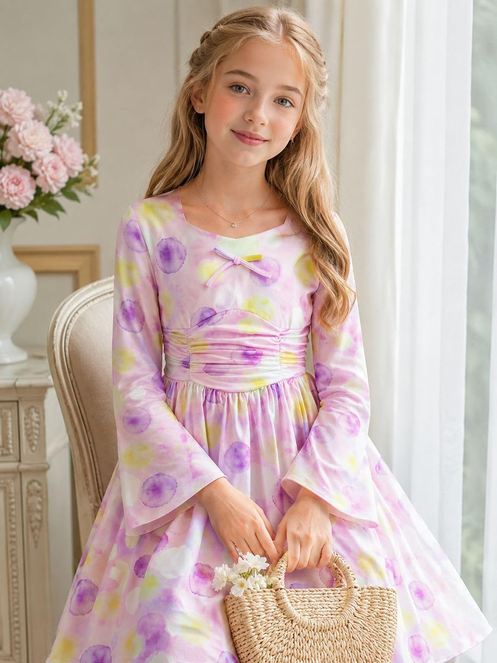 Lanbubble Girls Long Sleeve Dress Square Neck Bell Sleeve A-Line 7-14Y