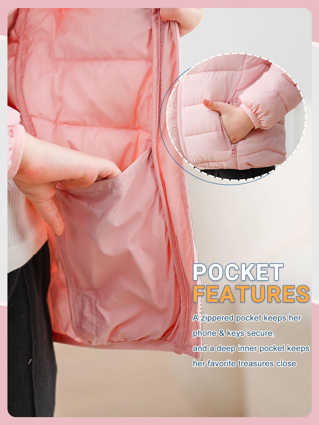 Lanbubble Girls Puffer Jacket Hooded Packable Winter Coat with Pockets Lightweight Warm Outerwear for Kids, Sizes 4-12 Years