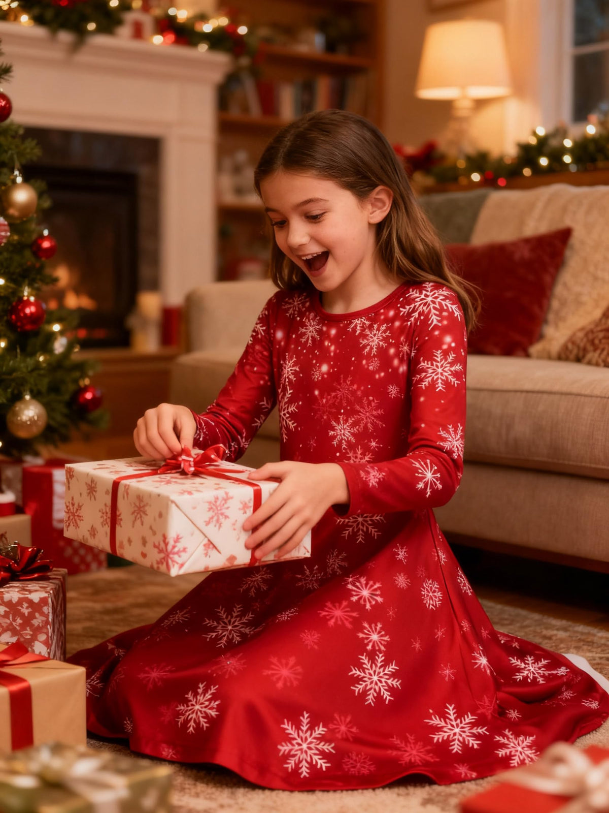Lanbubble Girls Christmas Dresses Long Sleeve A-Line Casual Dress Twirly Skater Dresses 5-13 Years