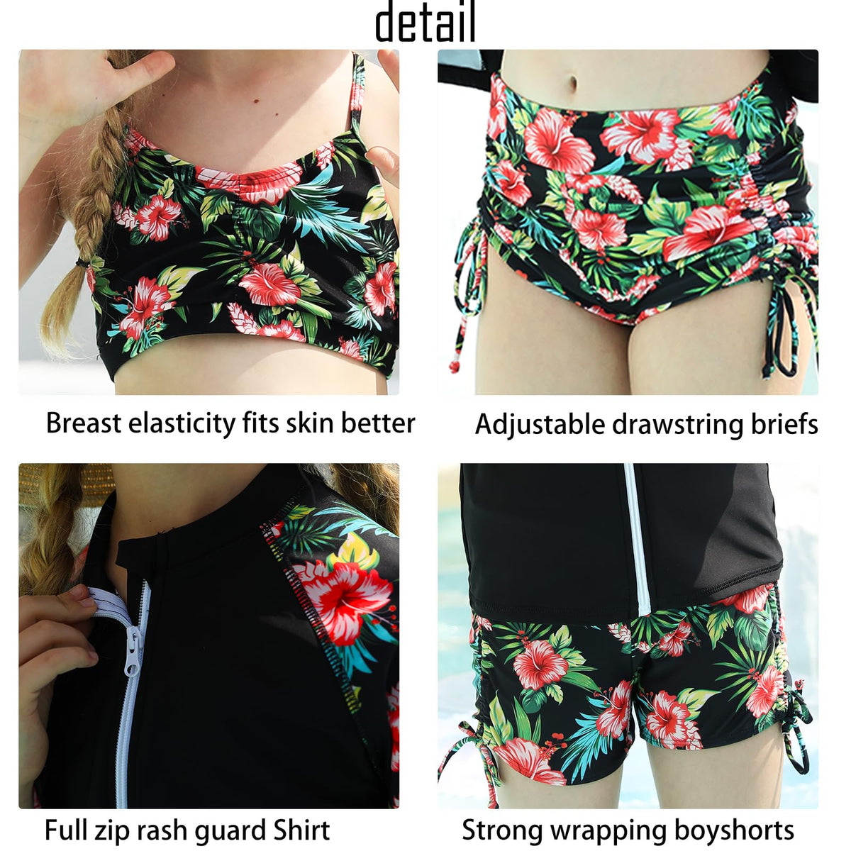 Lanbubble Girls Swimsuit 3-Piece Zip Long Sleeve Rash Guard Bathing Suits Bikini Boyshort Set Summer Swimwear 7-14Y