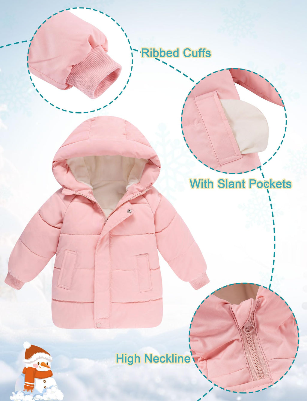 Lanbubble Little Girls Winter Coats Kids Hooded Fleece Lined Jacket Toddler Mid-Length Zip Puffer Jackets 2-6Y