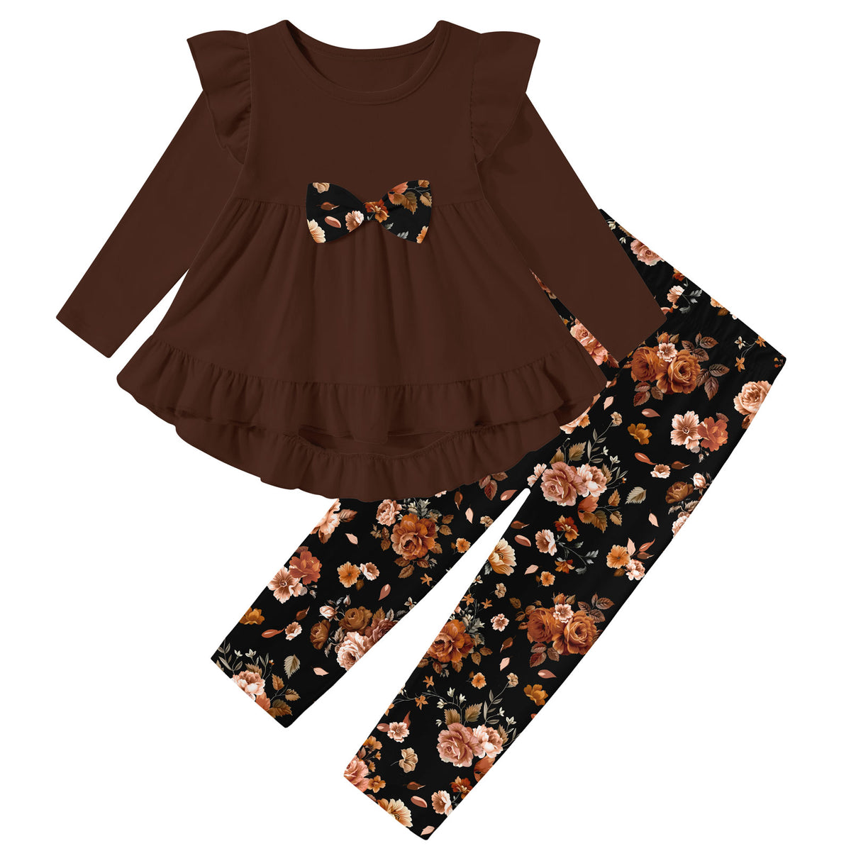 Lanbubble 1-5Y Toddler Girl 2-Piece Outfits Set Long Sleeve Ruffle Hem Top Floral Pants Fall Winter Kids Girl Clothes