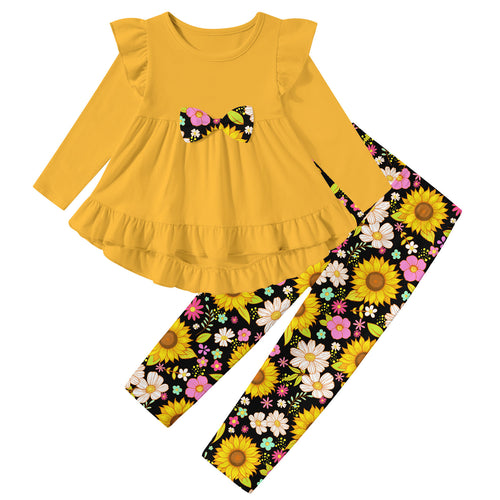 Lanbubble 1-5Y Toddler Girl 2-Piece Outfits Set Long Sleeve Ruffle Hem Top Floral Pants Fall Winter Kids Girl Clothes