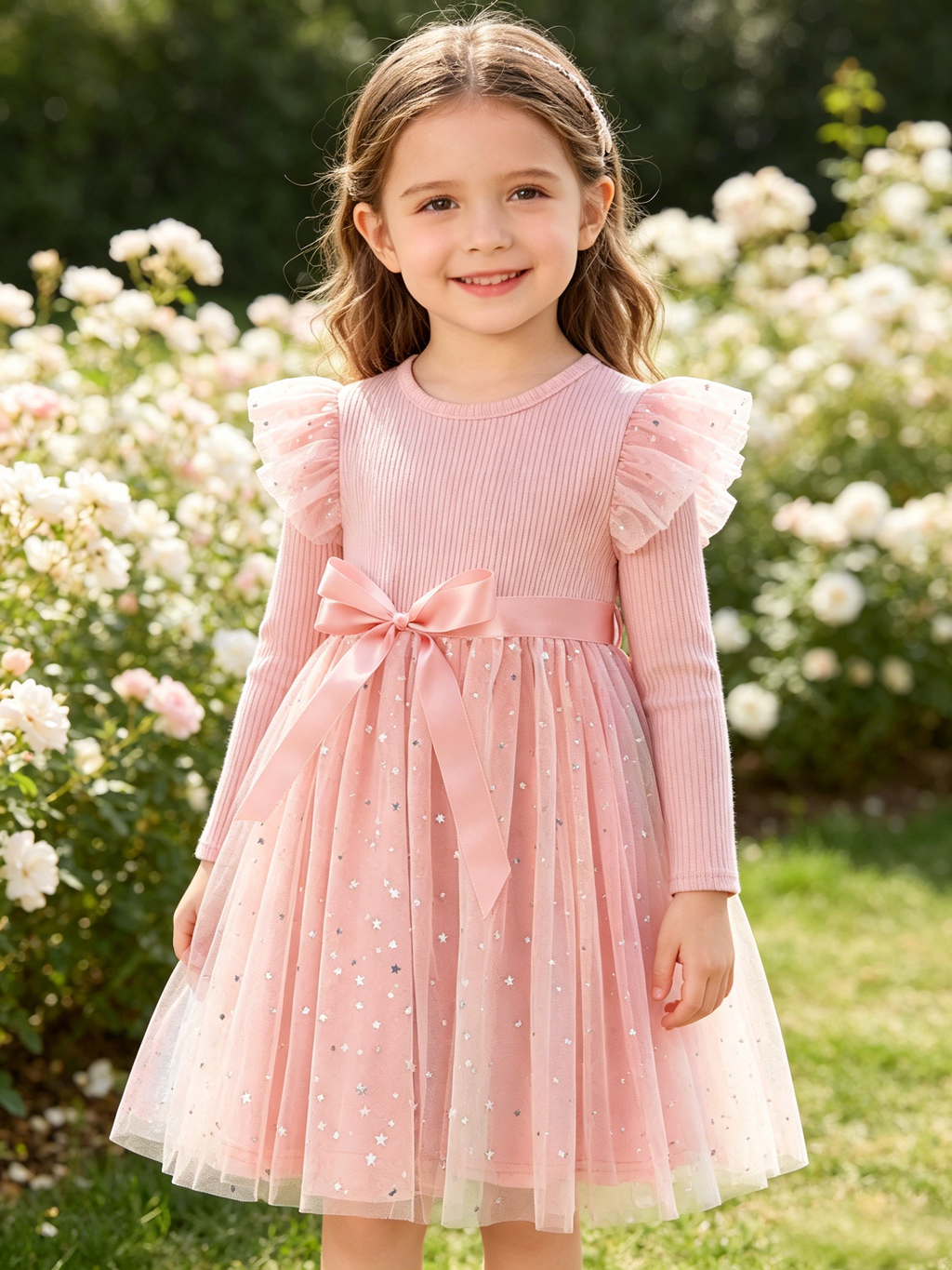 Lanbubble Toddler Girls Tulle Tutu Dress Long Sleeve Sequin Party Dress Fall Winter Clothes 2-6Y