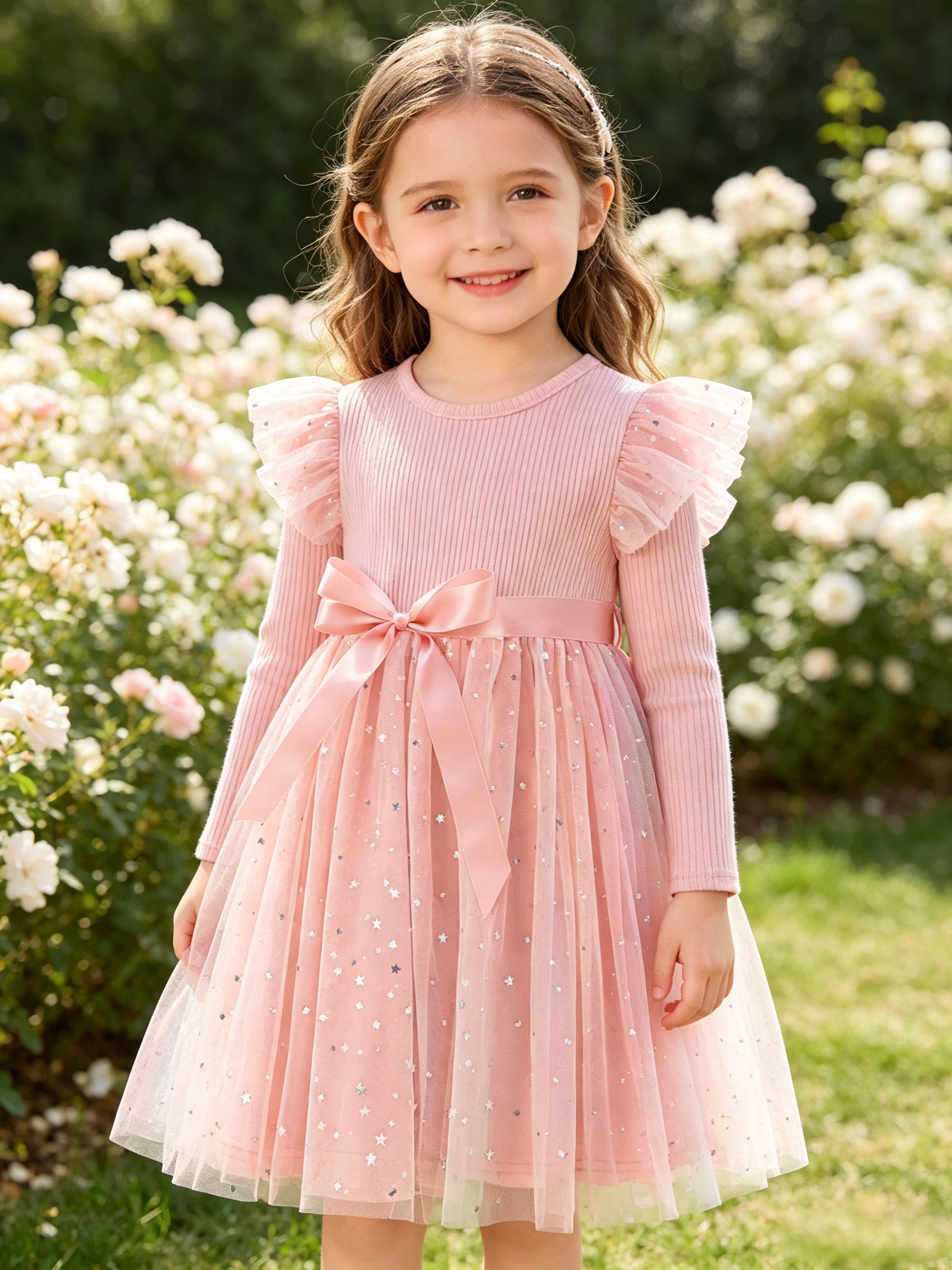 Lanbubble Toddler Girls Tulle Tutu Dress Long Sleeve Sequin Party Dress Fall Winter Clothes 2-6Y